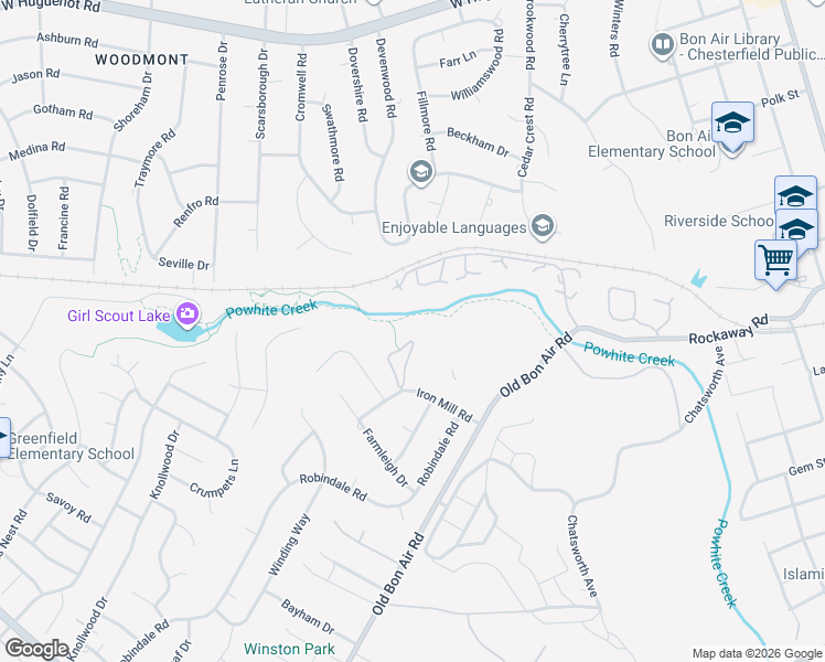 map of restaurants, bars, coffee shops, grocery stores, and more near 10306 Iron Mill Road in Richmond