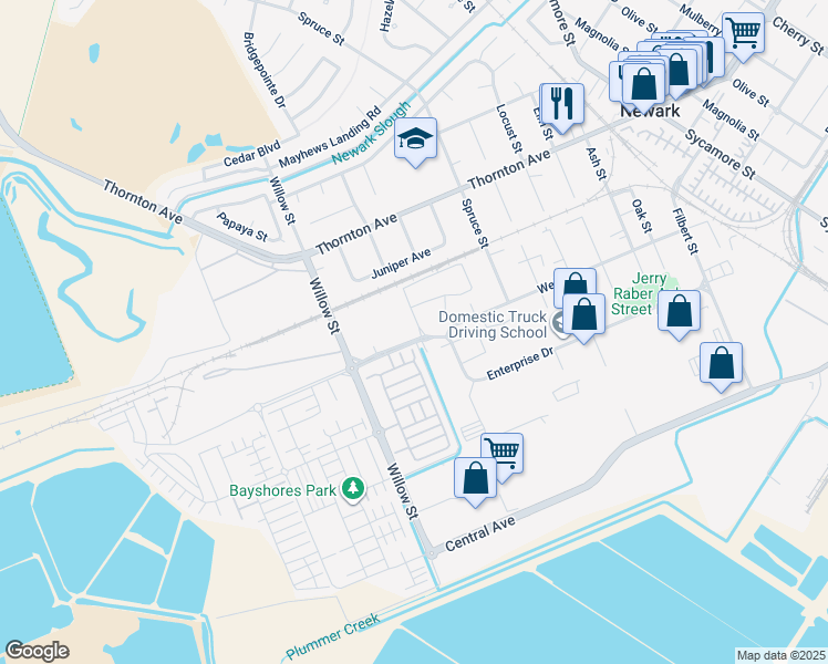map of restaurants, bars, coffee shops, grocery stores, and more near 37297 Aleppo Drive in Newark