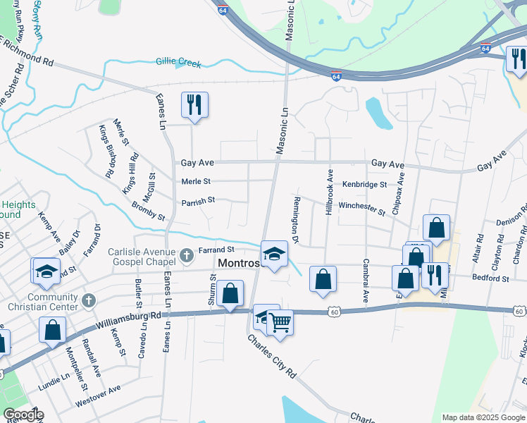 map of restaurants, bars, coffee shops, grocery stores, and more near 4618 Brittles Lane in Richmond