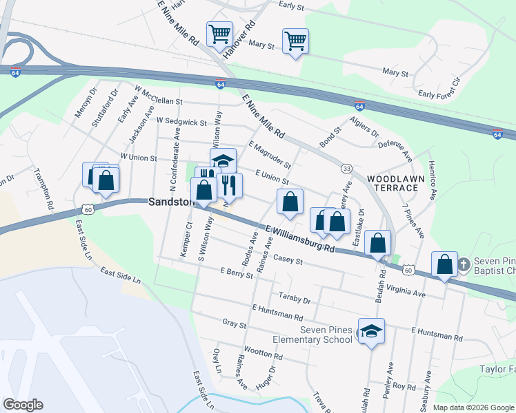 map of restaurants, bars, coffee shops, grocery stores, and more near 100 East Williamsburg Road in Sandston