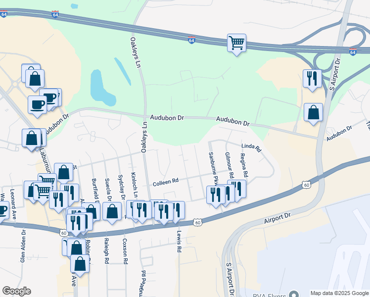 map of restaurants, bars, coffee shops, grocery stores, and more near 4804 Subrenda Drive in Sandston