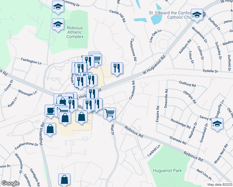 map of restaurants, bars, coffee shops, grocery stores, and more near 11708 Belvedere Vista Lane in Richmond
