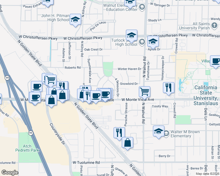 map of restaurants, bars, coffee shops, grocery stores, and more near 2023 Spring Blossom Lane in Turlock