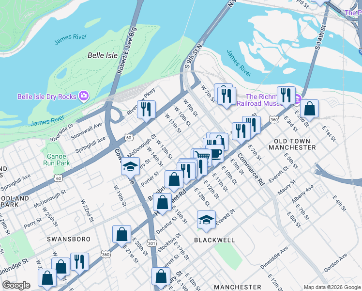map of restaurants, bars, coffee shops, grocery stores, and more near 1211 Porter Street in Richmond