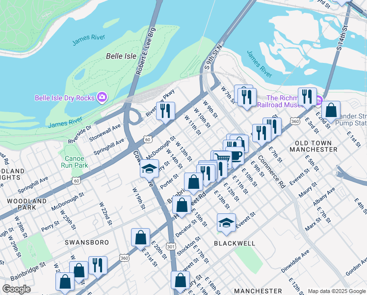 map of restaurants, bars, coffee shops, grocery stores, and more near 1320 Perry Street in Richmond