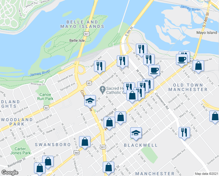 map of restaurants, bars, coffee shops, grocery stores, and more near 1320 Perry Street in Richmond