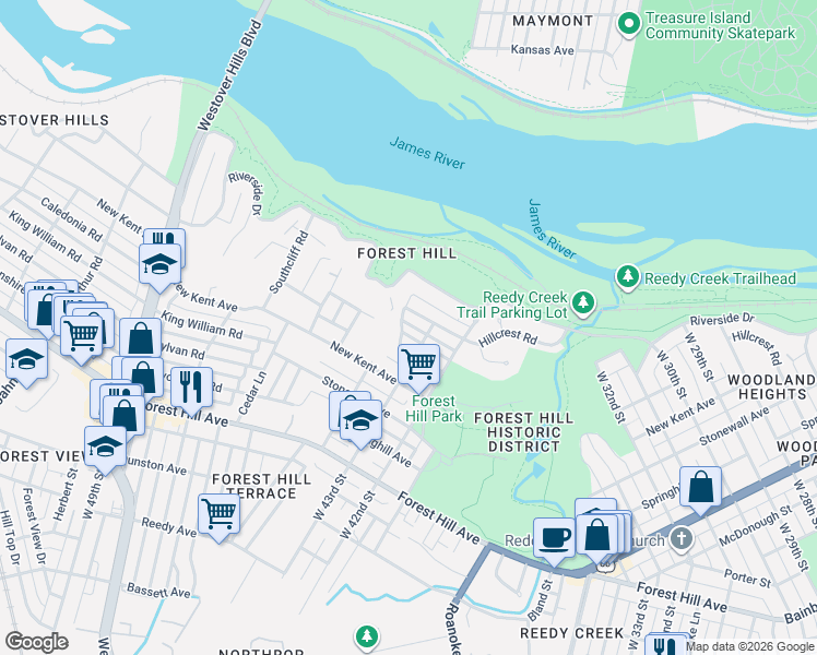 map of restaurants, bars, coffee shops, grocery stores, and more near 4308 Smithdeal Avenue in Richmond