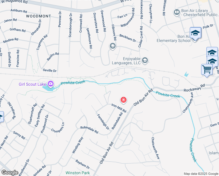 map of restaurants, bars, coffee shops, grocery stores, and more near 10108 Iron Mill Road in Richmond