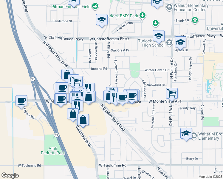 map of restaurants, bars, coffee shops, grocery stores, and more near 3302 Dewar Lane in Turlock