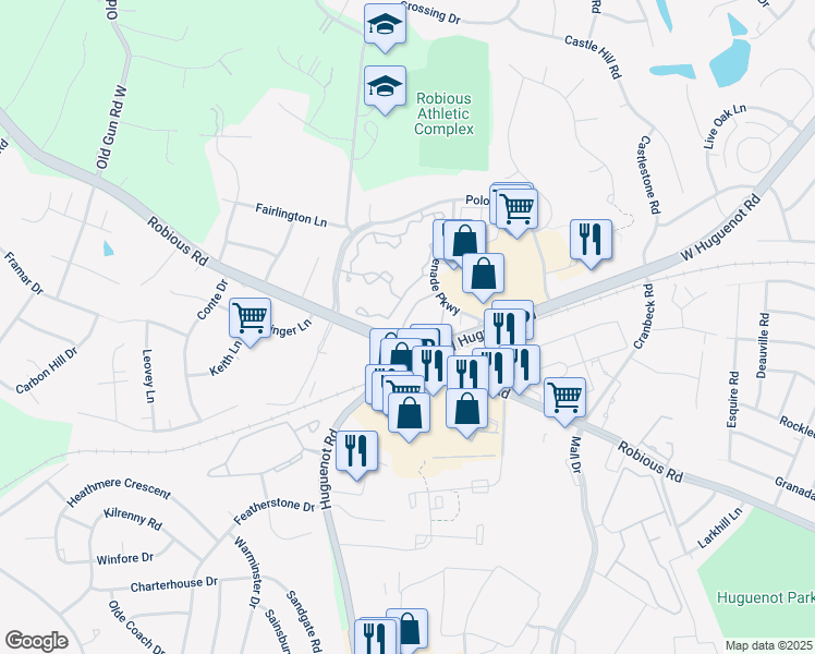 map of restaurants, bars, coffee shops, grocery stores, and more near 2152 Magnolia Grove Way in Midlothian