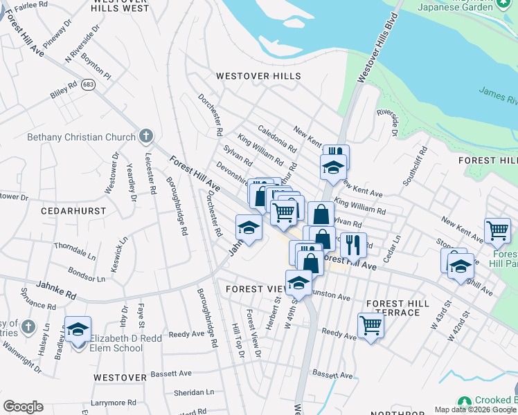 map of restaurants, bars, coffee shops, grocery stores, and more near in Richmond