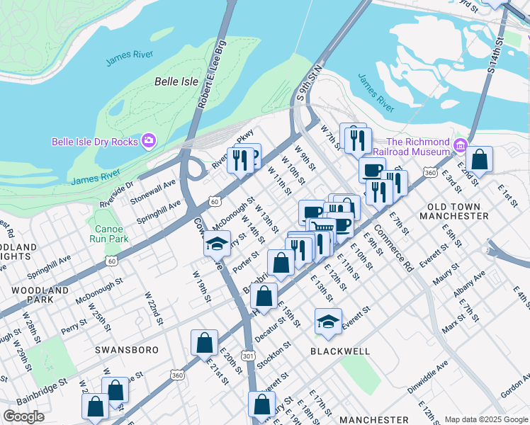 map of restaurants, bars, coffee shops, grocery stores, and more near 1223 Perry Street in Richmond