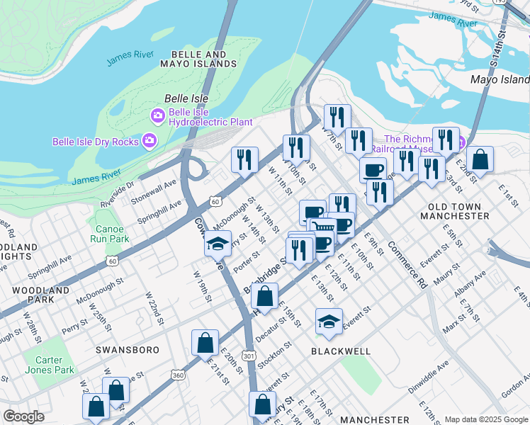 map of restaurants, bars, coffee shops, grocery stores, and more near 1223 Perry Street in Richmond
