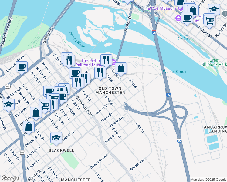 map of restaurants, bars, coffee shops, grocery stores, and more near 401 Everett Street in Richmond