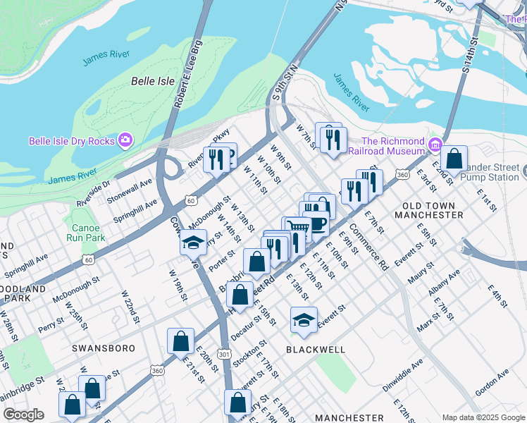 map of restaurants, bars, coffee shops, grocery stores, and more near 203 West 12th Street in Richmond