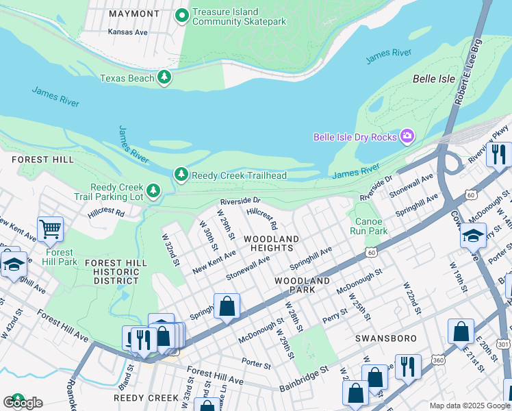 map of restaurants, bars, coffee shops, grocery stores, and more near 2719 Hillcrest Road in Richmond