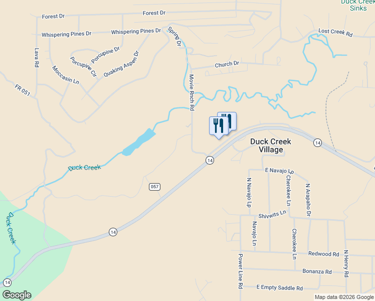 map of restaurants, bars, coffee shops, grocery stores, and more near 76 Movie Ranch Road in Duck Creek Village
