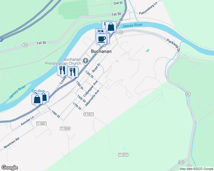 map of restaurants, bars, coffee shops, grocery stores, and more near 296 Albemarle Avenue in Buchanan