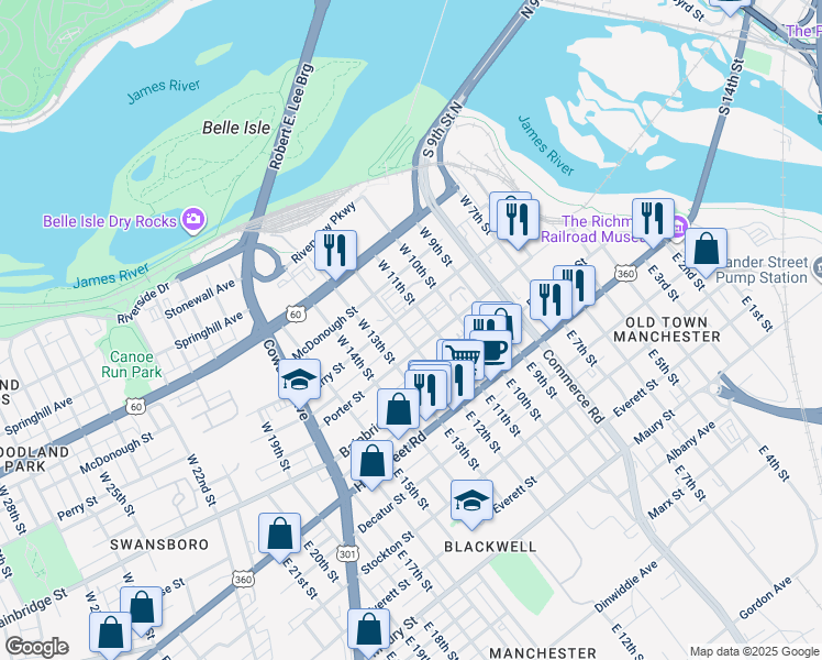 map of restaurants, bars, coffee shops, grocery stores, and more near 203 West 12th Street in Richmond