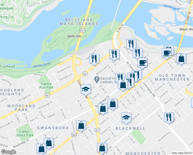 map of restaurants, bars, coffee shops, grocery stores, and more near 1314 McDonough Street in Richmond