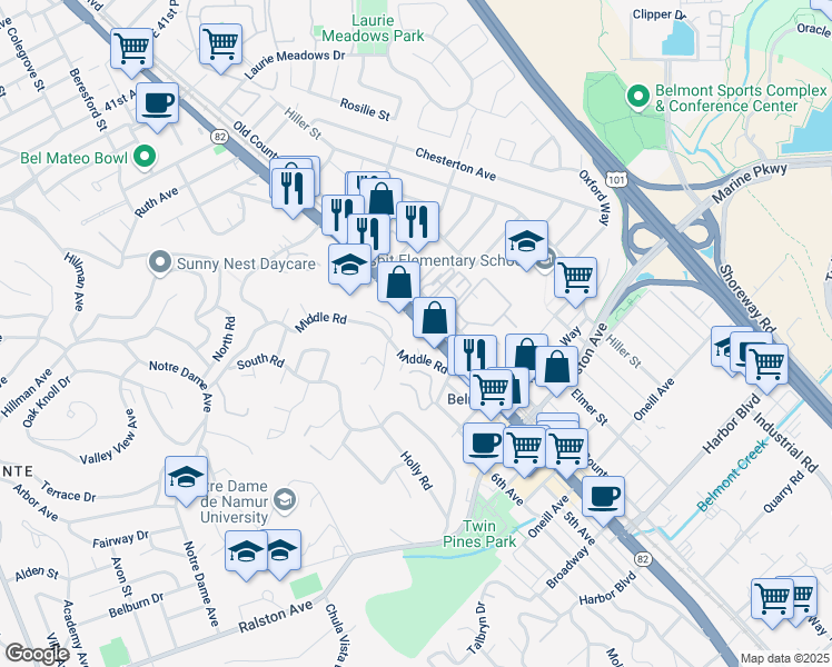 map of restaurants, bars, coffee shops, grocery stores, and more near 748 Old County Road in Belmont