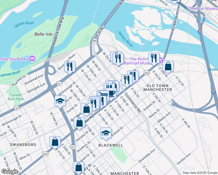 map of restaurants, bars, coffee shops, grocery stores, and more near 124 West 9th Street in Richmond