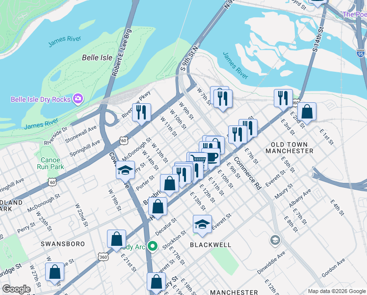 map of restaurants, bars, coffee shops, grocery stores, and more near 210 West 10th Street in Richmond