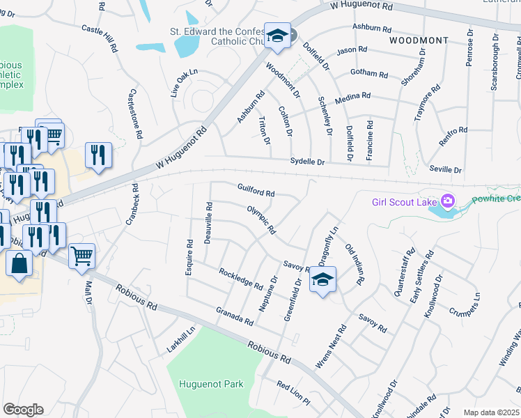 map of restaurants, bars, coffee shops, grocery stores, and more near 2130 Jarman Lane in Richmond