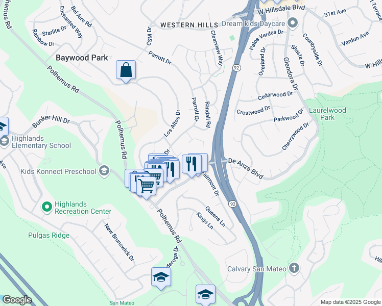 map of restaurants, bars, coffee shops, grocery stores, and more near 1815 Canyon Oak Court in San Mateo