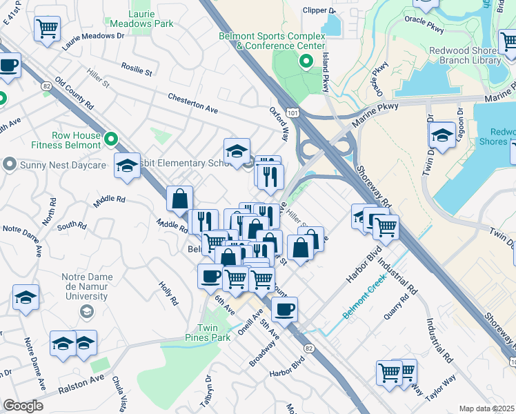 map of restaurants, bars, coffee shops, grocery stores, and more near 907 Granada Street in Belmont