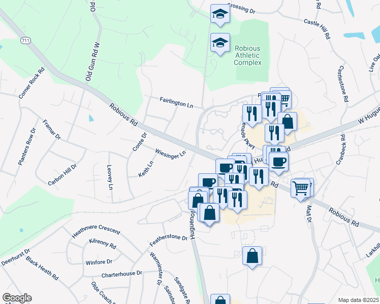 map of restaurants, bars, coffee shops, grocery stores, and more near 11700 Robious Road in Midlothian
