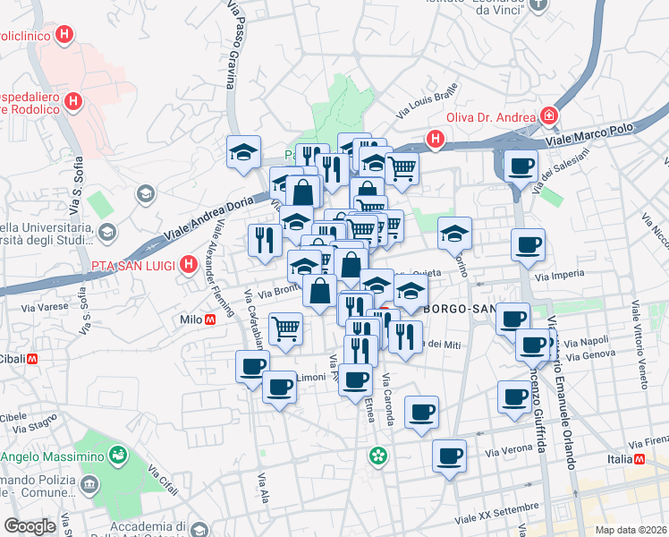 map of restaurants, bars, coffee shops, grocery stores, and more near 2-18 Via Ibla in Catania