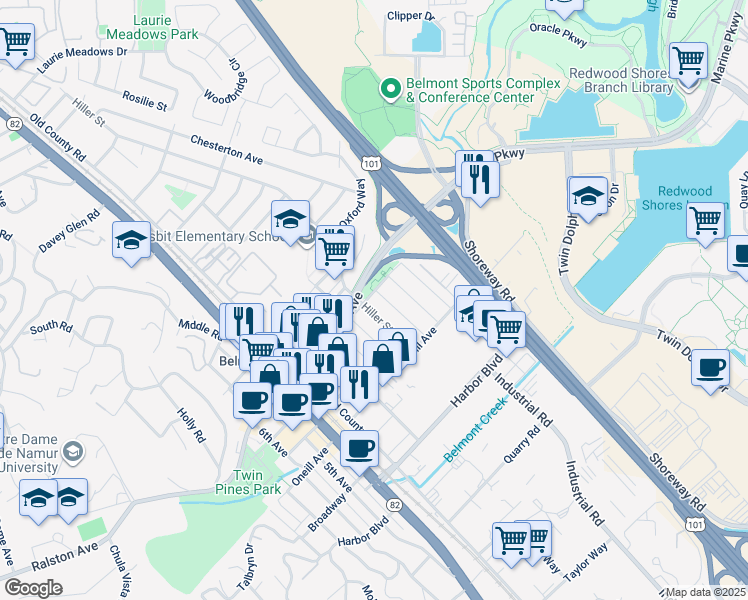 map of restaurants, bars, coffee shops, grocery stores, and more near 411 Ralston Avenue in Belmont