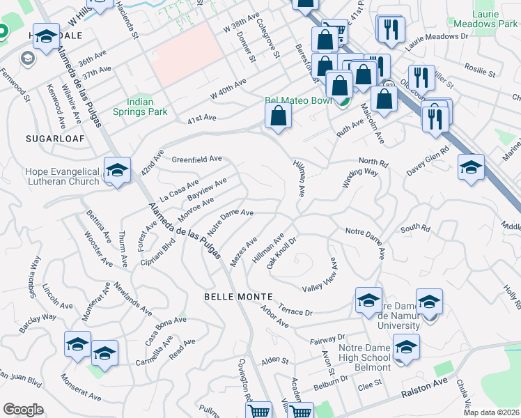 map of restaurants, bars, coffee shops, grocery stores, and more near 1910 Notre Dame Avenue in Belmont