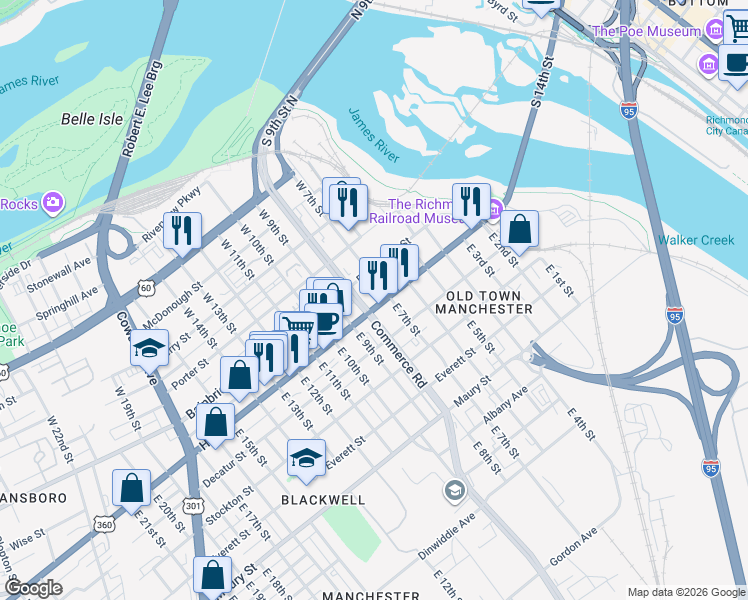 map of restaurants, bars, coffee shops, grocery stores, and more near 15 West 7th Street in Richmond