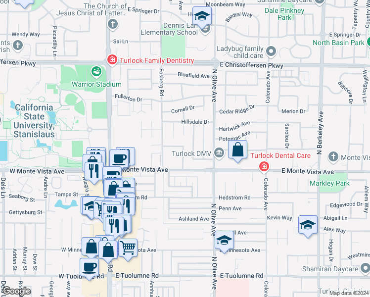 map of restaurants, bars, coffee shops, grocery stores, and more near 3320 Radcliff Way in Turlock