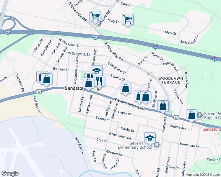 map of restaurants, bars, coffee shops, grocery stores, and more near 111 Federal Street in Sandston