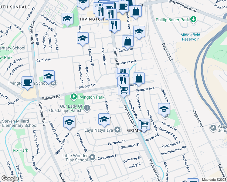 map of restaurants, bars, coffee shops, grocery stores, and more near 42010 Blacow Road in Fremont