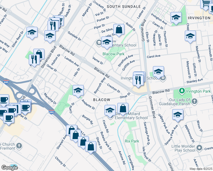 map of restaurants, bars, coffee shops, grocery stores, and more near 40710 Creston Street in Fremont