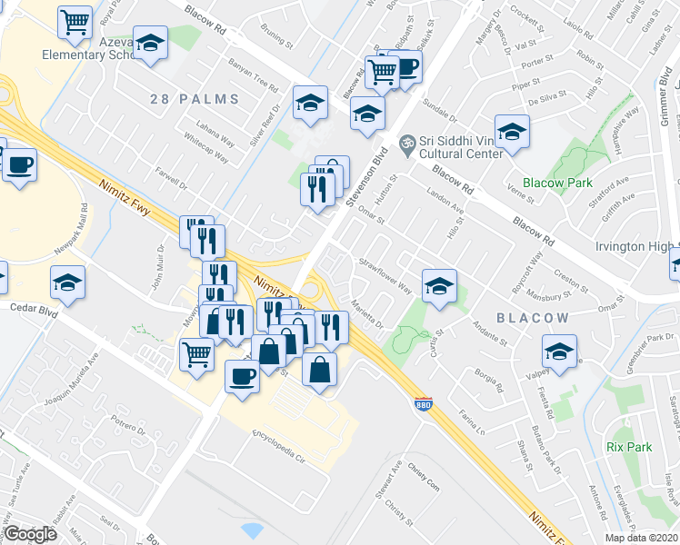 map of restaurants, bars, coffee shops, grocery stores, and more near 5651 Spry Common in Fremont