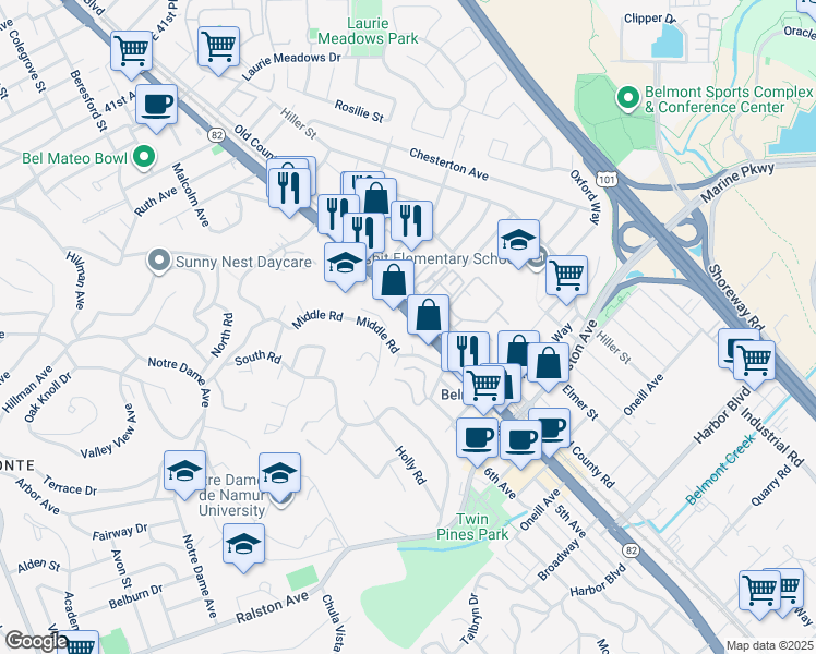 map of restaurants, bars, coffee shops, grocery stores, and more near 748 Old County Road in Belmont