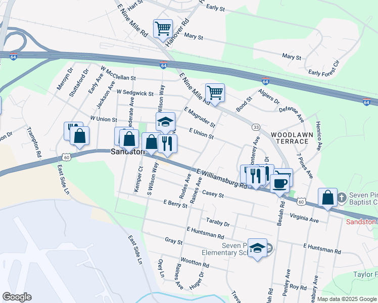 map of restaurants, bars, coffee shops, grocery stores, and more near 111 Federal Street in Sandston