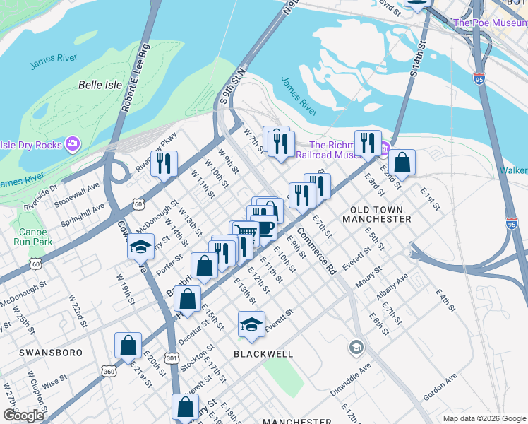 map of restaurants, bars, coffee shops, grocery stores, and more near 124 West 9th Street in Richmond