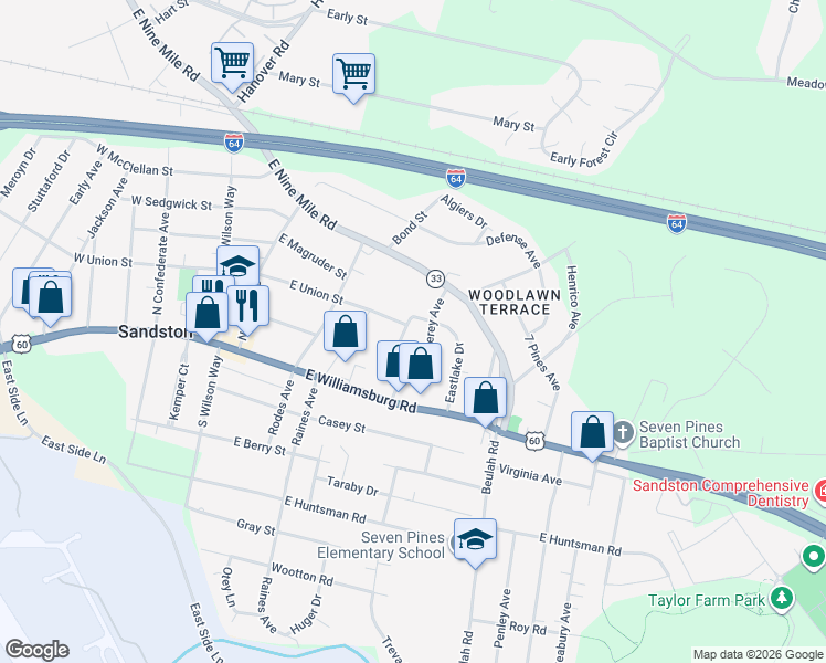 map of restaurants, bars, coffee shops, grocery stores, and more near 33 Medlock Road in Sandston