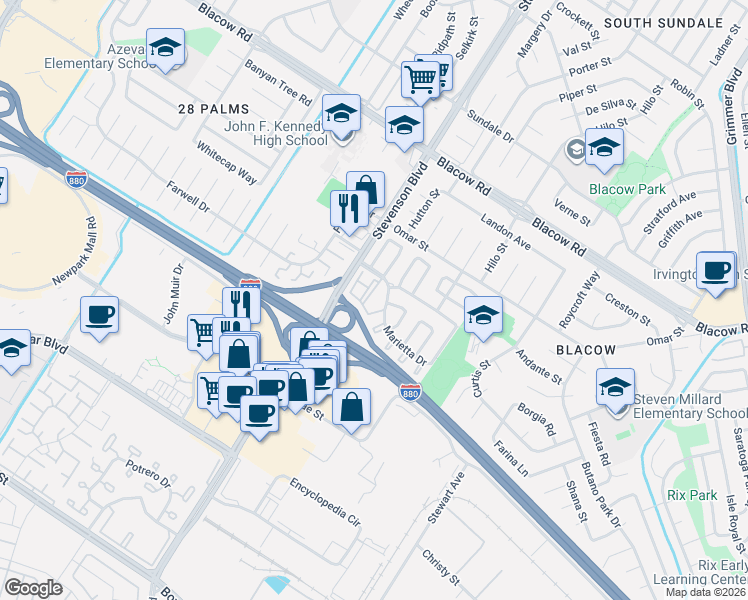 map of restaurants, bars, coffee shops, grocery stores, and more near 5642 Spry Common in Fremont
