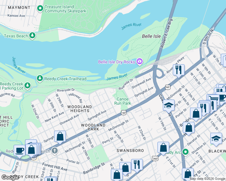 map of restaurants, bars, coffee shops, grocery stores, and more near 2304 Riverside Drive in Richmond