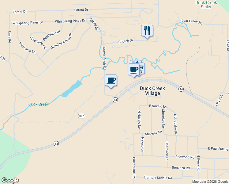 map of restaurants, bars, coffee shops, grocery stores, and more near 705 Movie Ranch Road in Duck Creek Village