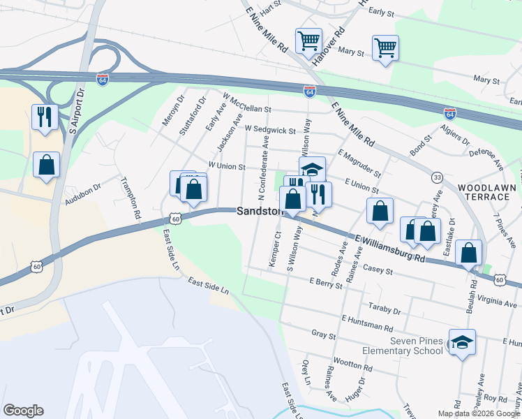 map of restaurants, bars, coffee shops, grocery stores, and more near in Sandston