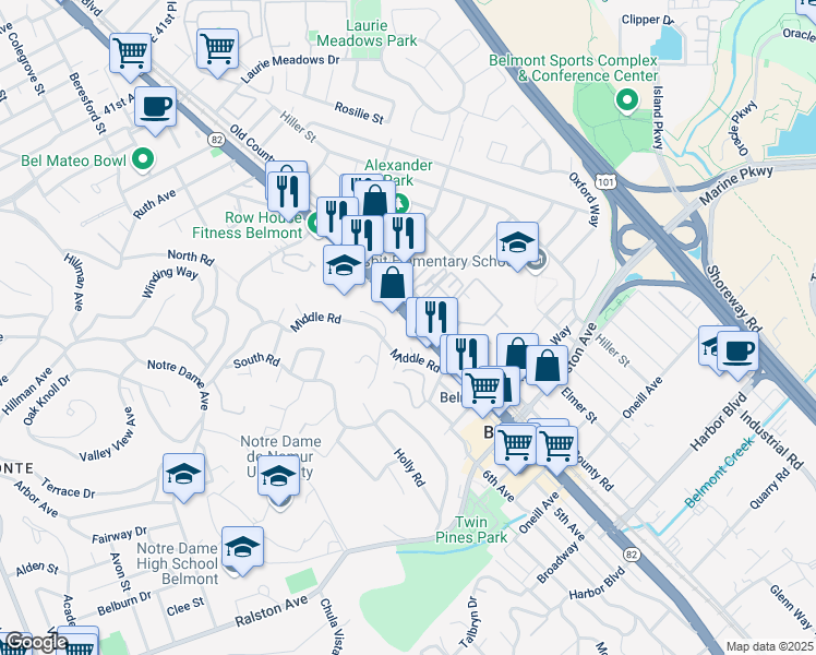 map of restaurants, bars, coffee shops, grocery stores, and more near 748 Old County Road in Belmont