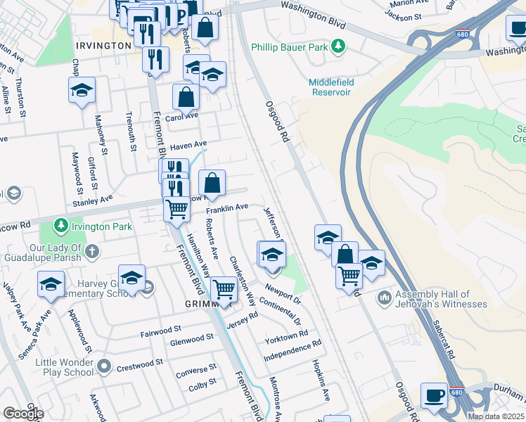 map of restaurants, bars, coffee shops, grocery stores, and more near 42625 Jefferson Street in Fremont